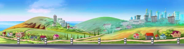 Suburban Highway Sunny Summer Day Digital Painting Background Illustration — 스톡 사진