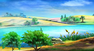 Güneşli bir günde mavi gökyüzünün altında büyük bir nehir. Dijital Boyama Arkaplanı, Resimler.