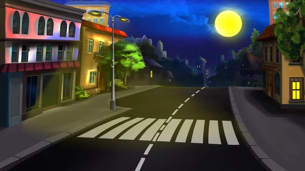 Street of the big city on a moonlight night. Digital Painting Background, Illustration.