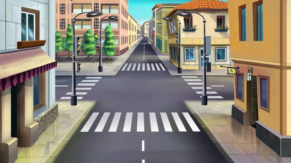 Atravessamento Pedestres Cidade Dia Ensolarado Verão Pintura Digital Fundo Ilustração — Fotografia de Stock