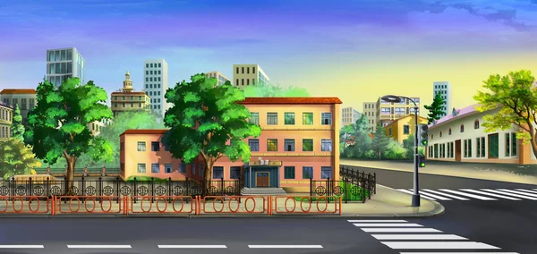 阳光灿烂的夏日 大城市的街道 数码绘画背景 — 图库照片