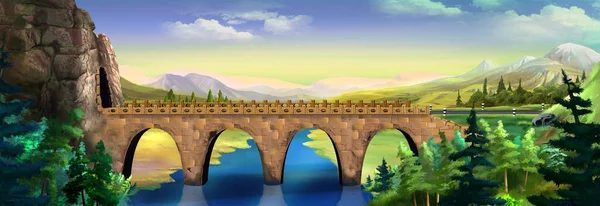 Ponte Arqueada Sobre Rio Dia Ensolarado Verão Pintura Digital Fundo — Fotografia de Stock