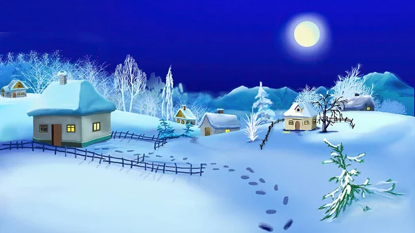 Christmas Night Old Traditional Ukrainian Village Handmade Illustration Classic Cartoon — Stock Photo, Image