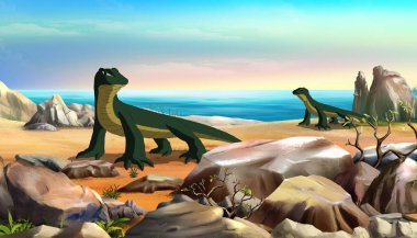 Komodo dragon (Varanus komodoensis), Rinca Adası, Endonezya'nın güney kıyısında bir sahil boyunca yürür. Dijital resim tam renkli karikatür tarzı illüstrasyon.