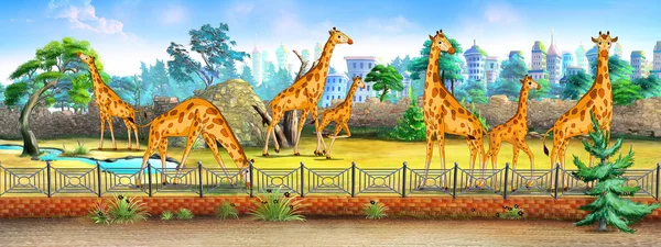 Жирафи Чекають Дітей Зоопарку Цифровий Живопис Мультфільм Стиль Повний Колір — стокове фото