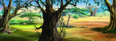 Güneşli bir günde Afrika savanası ve orman manzarası. Dijital Boyama Arkaplanı, Resimler.