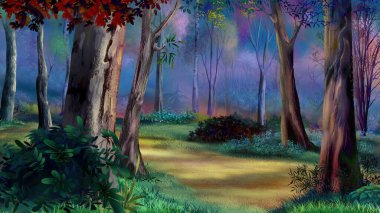 Sonbahar yaprak döken orman. Dijital Boyama Arkaplanı, Resimler.