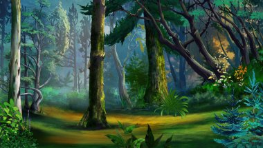 Bir yaz gününde ormandaki ağaçlar. Dijital Boyama Arkaplanı, Resimler.