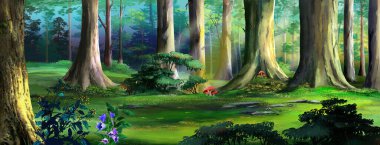 Güneşli bir yaz gününde ormanda ağaçlar. Dijital Boyama Arkaplanı, Resimler.