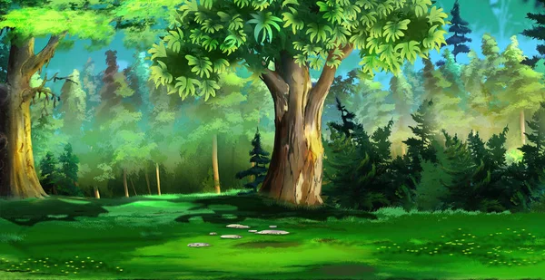 Trees in a forest on a summer day. Digital Painting Background, Illustration.