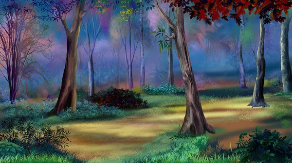 Autumn deciduous forest. Digital Painting Background, Illustration.