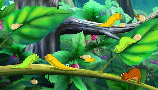 Beautiful Caterpillars Crawls Tree Digital Painting Cartoon Style Full Color Royalty Free Stock Images