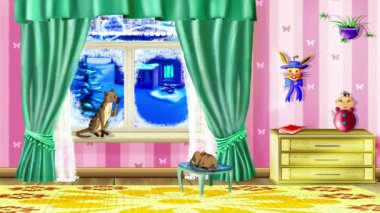 Evcil kırmızı tekir kedi odadaki pencereye oturur. El yapımı döngü HD görüntüler.