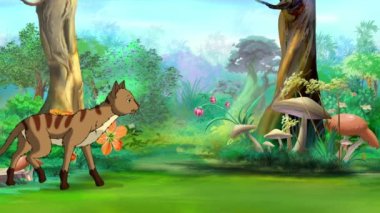 Gündüz vakti ormanda dolaşan kırmızı tekir kedi. El yapımı döngü HD görüntüler.