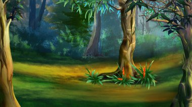 Bir yaz günü yoğun bir orman büyük ağaç. Dijital resim arka plan, illüstrasyon karikatür karakter stili.