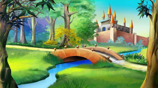 青い川に架かる童話城の森と小さな橋のある風景します デジタル絵画の背景 スタイルの漫画のキャラクターのイラスト — ストック写真