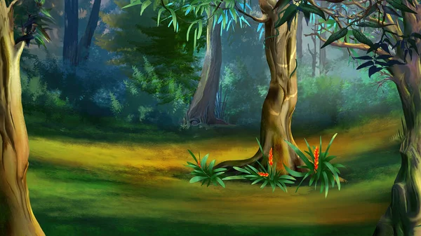 Bir yaz günü yoğun bir orman büyük ağaç. Dijital resim arka plan, illüstrasyon karikatür karakter stili.