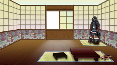 Geleneksel Japon odası iç. Dijital resim arka plan, illüstrasyon karikatür karakter stili.