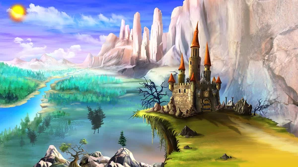 魔法の妖精物語城夏の日に川の上の山に囲まれています デジタル絵画の背景 スタイルの漫画のキャラクターのイラスト — ストック写真