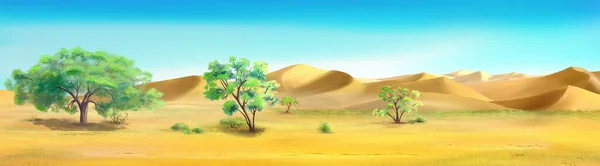 Trees on the edge of the desert on a hot sunny day. Digital Painting Background, Illustration.