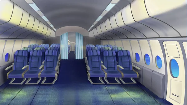 Interior of the Passenger cabin of an airliner. Digital Painting Background, Illustration.