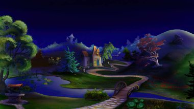 Suburban summer night in the summertime. Digital Painting Background, Illustration.