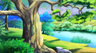 Big tree on a river bank. Sunny day near a river. Digital Painting Background, Illustration.