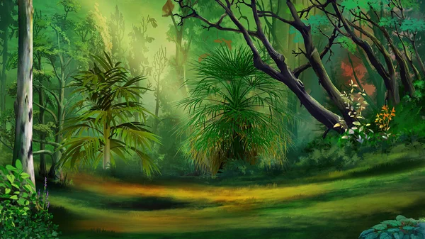 Meadow in a rainforest at day. Digital Painting Background, Illustration.