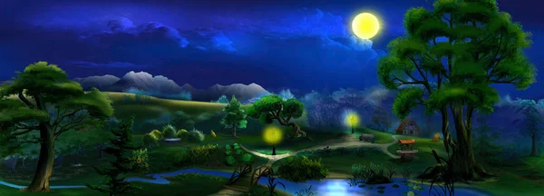 Moonlight summer night in the park with paths, lanterns near the river. Digital Painting Background, Illustration.