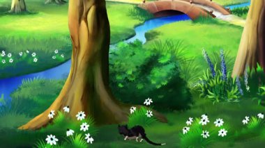 Domestic Black cat climbs up a tree at day. Handmade animated HD footage.