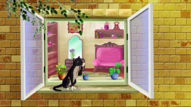 Domestic Black cat sits on the window at day. Handmade animated looped HD footage.