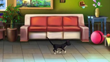 Domestic Black cat runs around the room. Handmade animated looped HD footage.