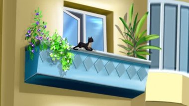 Domestic Black cat sitting on the balcony at day. Handmade animated looped HD footage.