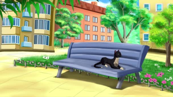 Бытовая Черная Кошка Днем Лежит Скамейке Дворе Ручной Анимационный Зацикленный — стоковое видео