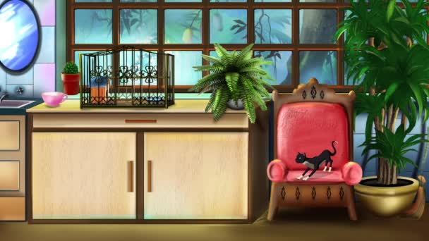 Domestic Black Cat Sharpens Its Claws Chair Room Handmade Animated — Video Stock