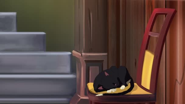 Бытовая Черная Кошка Спит Стуле Комнате Handmade Animated Looped Footage — стоковое видео