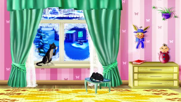 Domestic Black Cat Sits Window Room Handmade Animated Looped Footage — Vídeo de Stock