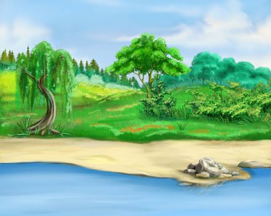 Landscape with trees on the river bank on a sunny summer day. Digital Painting Background, Illustration.