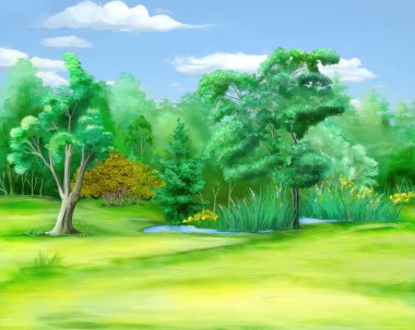 The field at the edge of the forest on a summer day. Digital Painting Background, Illustration.
