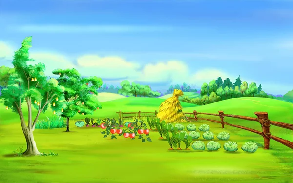 Haystack in a Garden Under Blue Sky on a Summer Day. Digital Painting Background, Illustration.