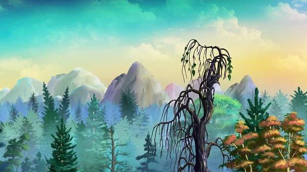Withered tree on the background of mountains on a sunny day. Digital Painting Background, Illustration.