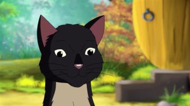 Domestic Black Cat meows close-up. Handmade animated looped 4K footage.