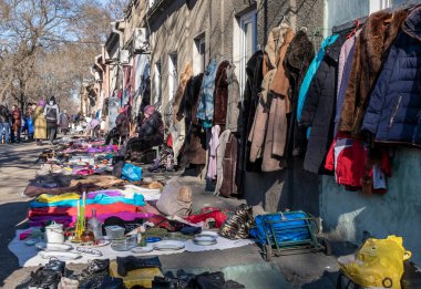 Odessa, Ukraine 21.01.2023. Sunny winter day at the big flea market in Odessa, Ukraine
