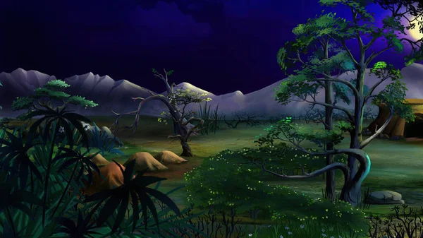 Digital painting of the African native plants in a summer night.