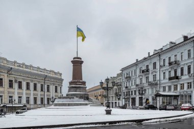 Odessa, Ukraine 29.01.2023. Catherine the Great  Monument pedestal in Odessa, Ukraine, on a gloomy winter day