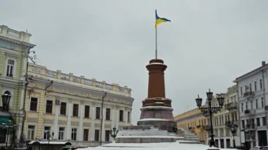 Odessa, Ukraine 29.01.2023. Catherine the Great  Monument pedestal in Odessa, Ukraine, on a gloomy winter day