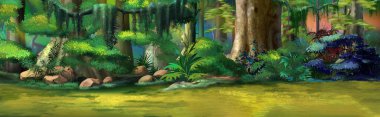 Forest plants under the trees on a sunny summer day. Digital Painting Background, Illustration.