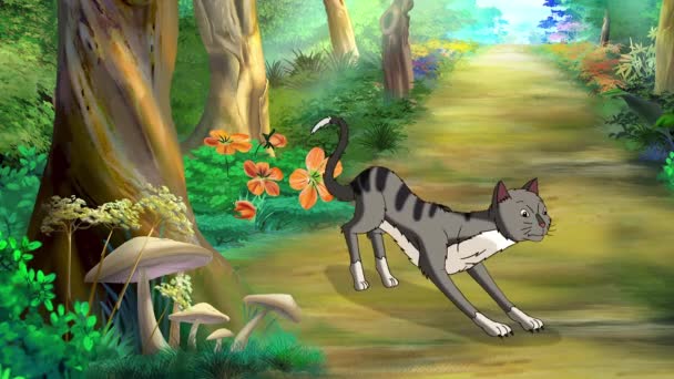 Domestic Gray Tabby Cat Forest Day Handmade Animated Looped Footage — Wideo stockowe