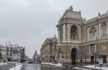 Odessa, Ukraine 29.01.2023. Opera theater in Odessa, Ukraine, on a gloomy winter day