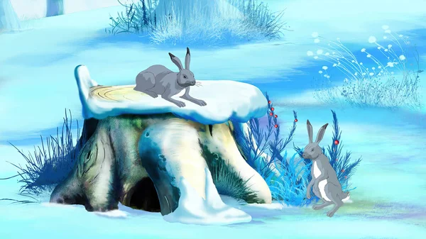 White hares in the forest on a cold winter day. Digital painting full color illustration.